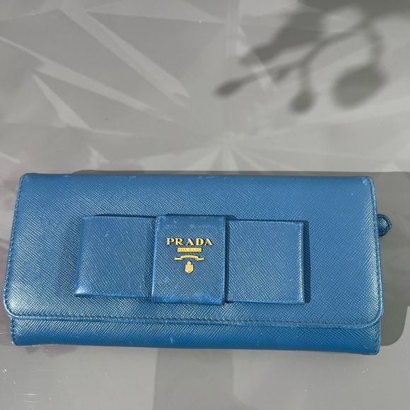 PRADA Blue Bow Saffiano Leather Wallet - Picture 5 of 17